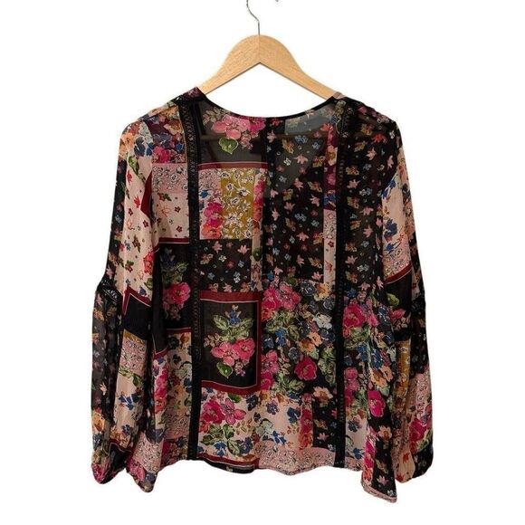 Johnny Was Jade Roswell Pieced Blouse Pink Black Lace Patchwork Floral Top S - Picture 8 of 9